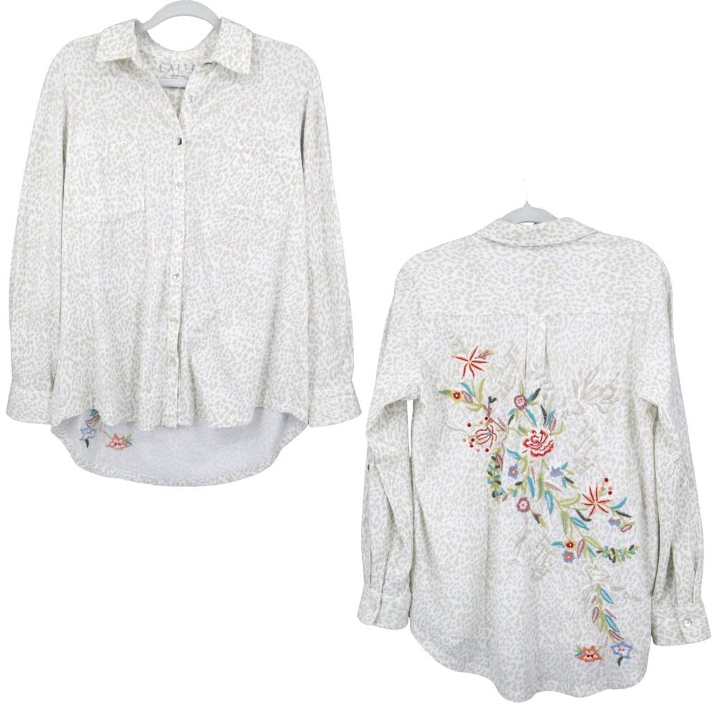 Caite Embroidered Leopard Print‎ Shirt Women's XS White Boho Oversized